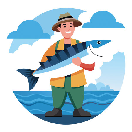A fisherman proudly holds a large striped bass on a boat in open water during a cloudy day. AI generated. Vector iconのイラスト素材