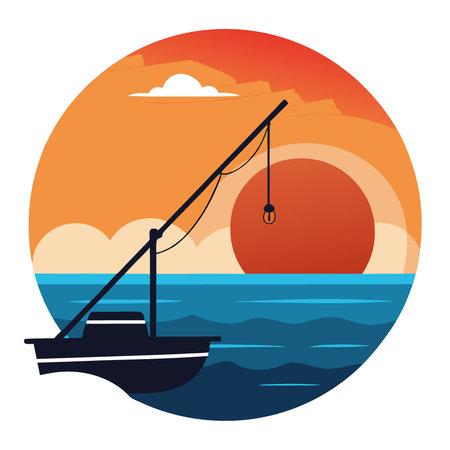 A fishing rod rests on a boat as the sun sets over the ocean. creating a serene atmosphere.. AI generated. Vector iconのイラスト素材