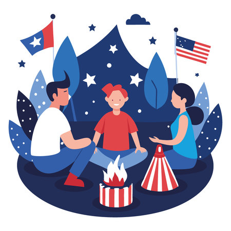 A family sits around a campfire at night. surrounded by American flags and patriotic decor.. AI generated. Vector iconのイラスト素材