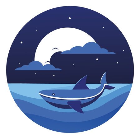Shark swimming beneath a moonlit sky while a boat floats above shimmering waters at night. AI generated. Vector iconのイラスト素材
