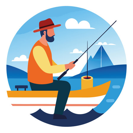 A fisherman preparing for a day of fishing on a boat in open waters during a clear morning. AI generated. Vector iconのイラスト素材