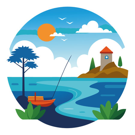Serene Fishing Scene on the Texas Gulf Coast with Calm Waters and Scenic Coastal Landscape. AI generated. Vector iconのイラスト素材