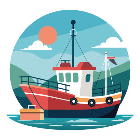 Fishing boat docked at marina coastal scene nautical photography daylight aesthetic appeal. AI generated. Vector iconのイラスト素材