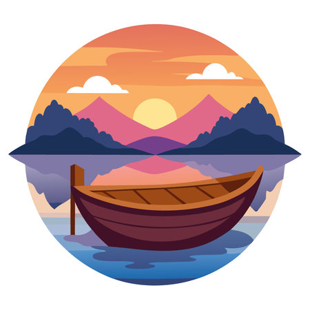 Fishing boat in calm lakes. Old wooden fishing boat. Wooden boat in still lake water at sunset. AI generated. Vector iconのイラスト素材