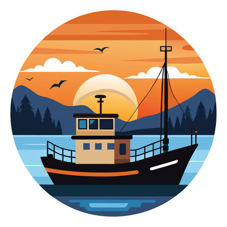 Sport Fishing Vessel Docked at Sunset with Calm Waters and Scenic Coastal Background in Nature. AI generated. Vector iconのイラスト素材