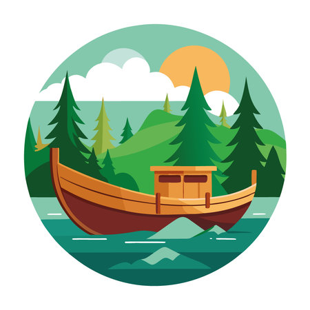 Vintage retro wooden fishing boat on green river or lake water surrounded by forest trees nature. AI generated. Vector iconのイラスト素材