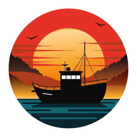 Fishing boat silhouetted against a vibrant sunset on calm waters in a serene coastal area. . AI generated. Vector iconのイラスト素材