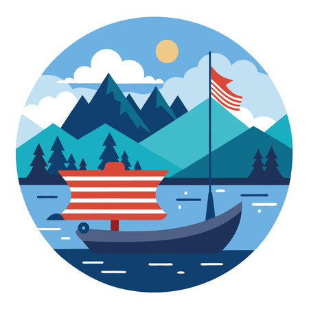 Scenic Fishing with American Flag. Boat on Calm Waters. Nature and Patriotism Combined Outdoors. AI generated. Vector iconのイラスト素材