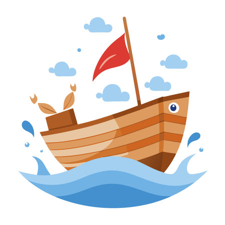 A wooden boat filled with fish bobs on the waves. likely a result of a successful fishing trip. AI generated. Vector iconのイラスト素材