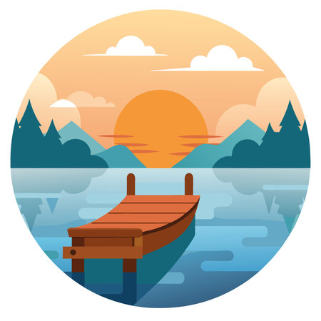 A small wooden boat docked at a pier on a calm lake at sunrise. with mist rising from the water.. AI generated. Vector iconのイラスト素材
