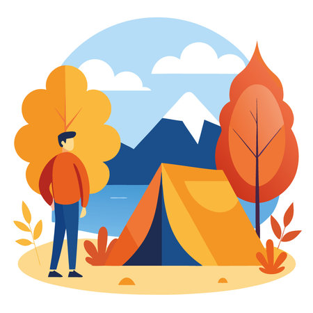 Man stands beside a bright orange tent by the lake. surrounded by trees during a sunny autumn day. AI generated. Vector iconのイラスト素材