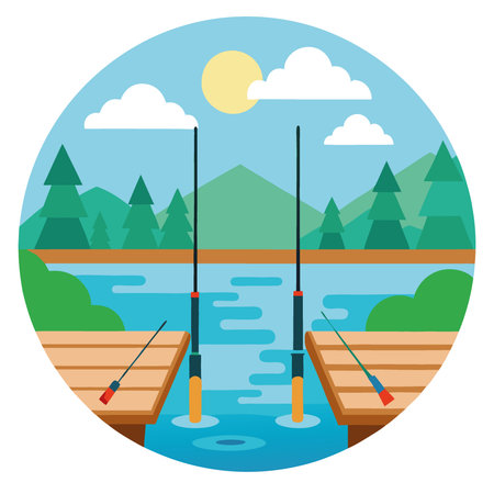 Fishing rods arranged neatly on a wooden dock by a serene lake surrounded by trees on a sunny day. AI generated. Vector iconのイラスト素材