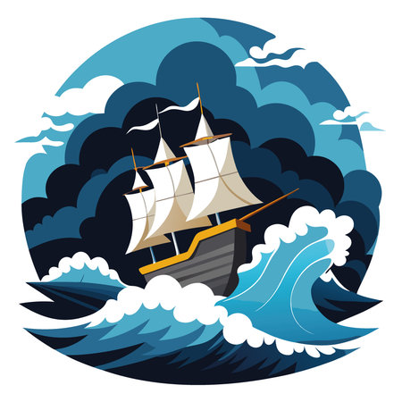 Romantic painting of a ship sailing in a stormy sea. with dramatic lighting and powerful waves. AI generated. Vector iconのイラスト素材