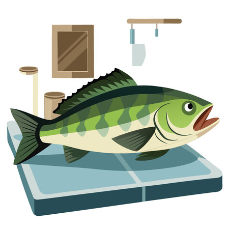 Freshly caught largemouth bass lying on a clean surface ready for preparation in a kitchen setting. AI generated. Vector iconのイラスト素材