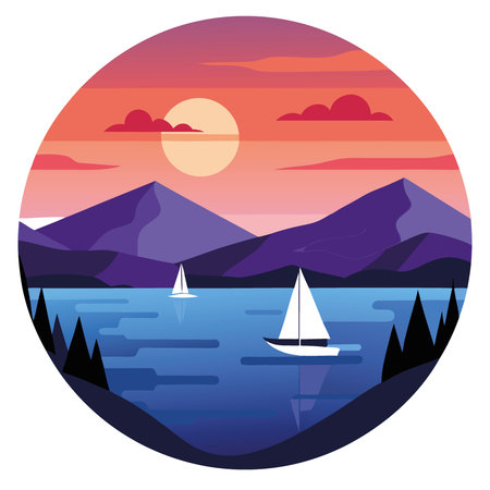 A tranquil evening on Flathead Lake with sailboats gliding across calm waters under a colorful sky. AI generated. Vector iconのイラスト素材