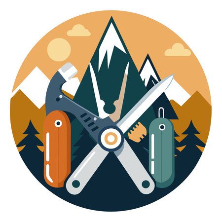 Multi-tools on a rugged outdoor background with sharp lighting to evoke adventure and durability. AI generated. Vector iconのイラスト素材