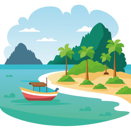 Quiet Thailand island shoreline with a travel boat and turquoise waters. no tourists in sight. AI generated. Vector iconのイラスト素材