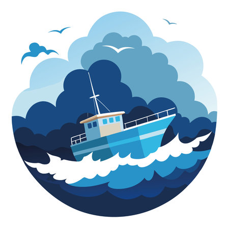 A fishing boat navigates through turbulent waves under a stormy sky filled with lightning.. AI generated. Vector iconのイラスト素材