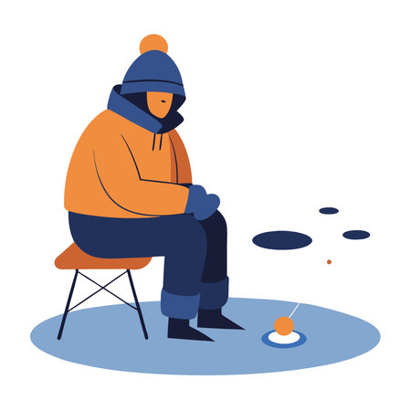 Someone sitting on a small folding chair next to a fishing hole. wearing heavy winter gear. AI generated. Vector iconのイラスト素材