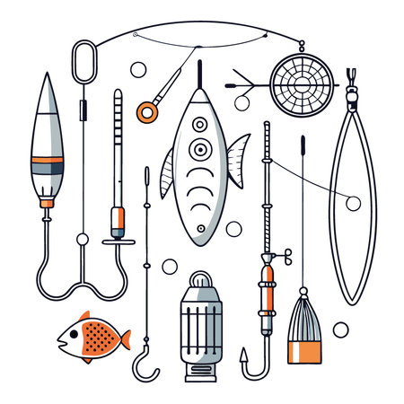 Detailed Outline Drawing of Fishing Gear Including Rod. Reel. and Various Types of Baits and Hooks. AI generated. Vector iconのイラスト素材