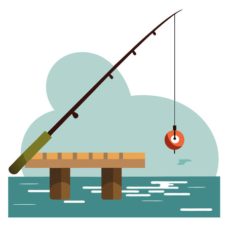 A weathered fishing rod with a cracked reel. leaning against a wooden pier over a calm lake. AI generated. Vector iconのイラスト素材