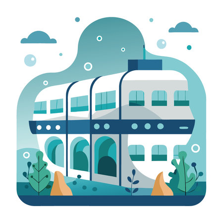 Submerged cruise ship cabins. their windows encrusted with algae and small fish peering inside.. AI generated. Vector iconのイラスト素材