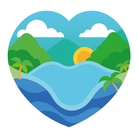 A view of a sea bay with blue water in the shape of a heart symbol. surrounded by tropical forests. AI generated. Vector iconのイラスト素材