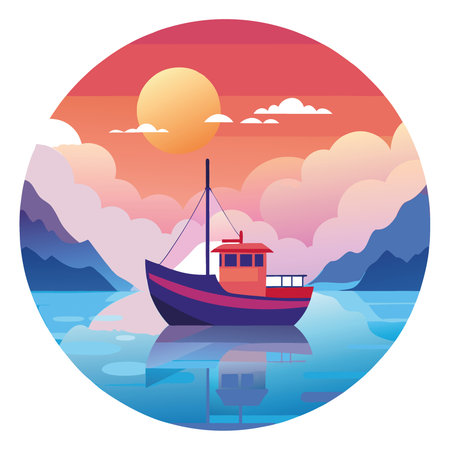 A tranquil scene of a fishing boat on calm waters at sunrise. surrounded by mist and colorful skies.. AI generated. Vector iconのイラスト素材
