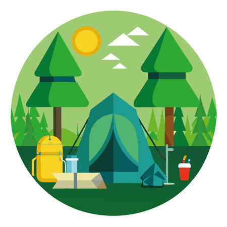 Camping gear laid out inside a green tent with sunlight filtering through trees at a woodland campsite. AI generated. Vector iconのイラスト素材