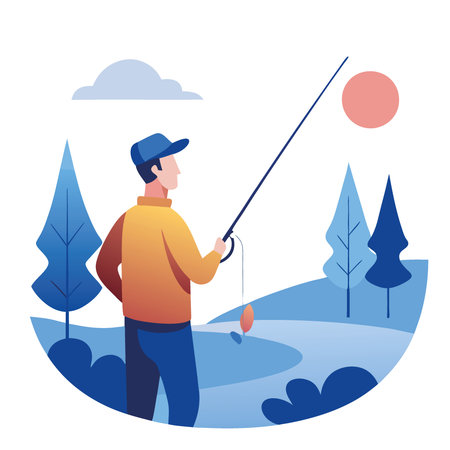 Holding a spinning reel with focus and anticipation in a serene fishing spot during early morning mist. AI generated. Vector iconのイラスト素材