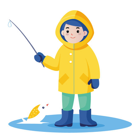 Child in yellow fishing gear stands on a snowy surface. holding a fishing rod with a fish at their feet.. AI generated. Vector iconのイラスト素材