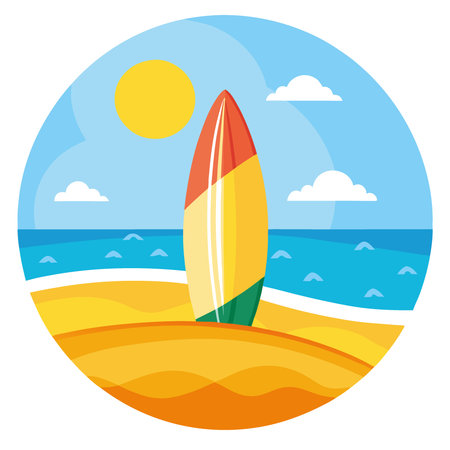 Surfboard resting on golden sand by the ocean beach scene sunny day relaxing atmosphere coastal view. AI generated. Vector iconのイラスト素材