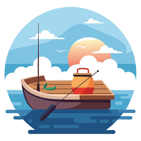 Fishing gear resting on the edge of a wooden boat. with cloudy skies over a calm lake in the early morning. AI generated. Vector iconのイラスト素材