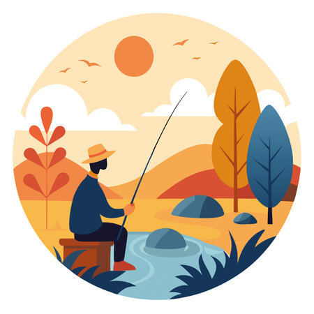 A tranquil fishing scene at dawn. with a fishing rod casting over calm water surrounded by autumn foliage.. AI generated. Vector iconのイラスト素材