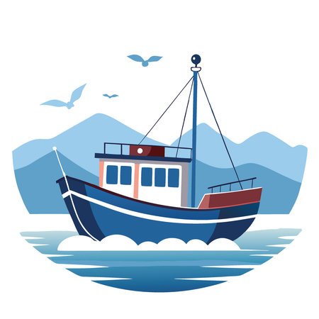 Elegant Drawing of a Fishing Boat on Tranquil Waters - Nautical Artwork for Marine Enthusiasts and Home Decor. AI generated. Vector iconのイラスト素材