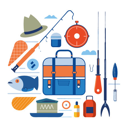 Fishing gear and equipment laid out on a surface including rods. tackle box. and bait in a neat arrangement. AI generated. Vector iconのイラスト素材