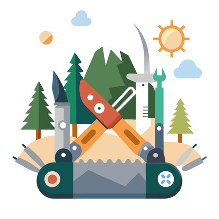 Close-up of a versatile camping knife with multiple tools ideal for outdoor activities and...