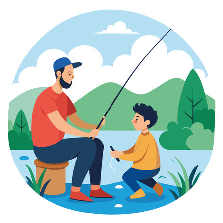 Family fishing trip. dad son bonding while fishing at the lake on fathers day weekend. making memories together. AI generated. Vector iconのイラスト素材