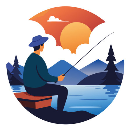 Fishing at Sunrise. Tranquil Image of a Man Enjoying the Timeless Hobby on a Serene Lake Photo Realistic Concept. AI generated. Vector iconのイラスト素材