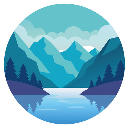 Tranquil lake surrounded by mountains under soft light. serene and majestic. focus on natural beauty and symmetry. AI generated. Vector iconのイラスト素材