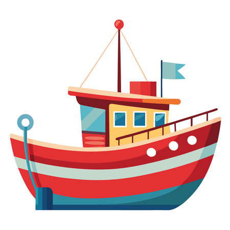 A vibrant fishing boat rests peacefully in calm waters. showcasing its rustic charm and the beauty of maritime life.. AI generated. Vector iconのイラスト素材