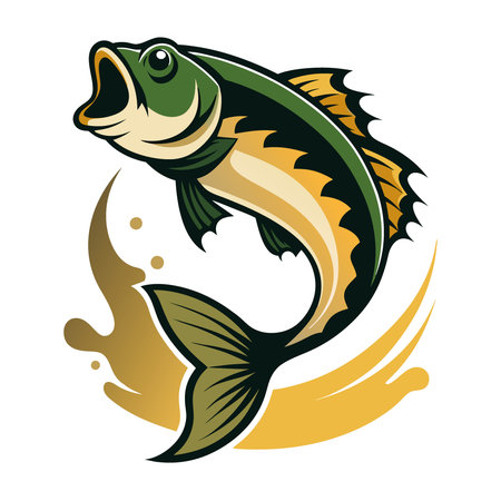 A large mouth bass jumps gracefully out of the water. its scales glinting in the sunlight as it defies gravity with a splash. AI generated. Vector iconのイラスト素材