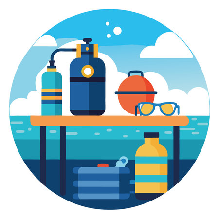 Diving equipment on a table by the ocean. featuring tanks and a regulator. ideal for underwater exploration and adventure.. AI generated. Vector iconのイラスト素材