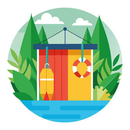 A Colorful Display of Lifeguard Life Preservers Hanging on a Metal Shed Surrounded by Lush Greenery and a Tranquil Outdoor Setting. AI generated. Vector iconのイラスト素材