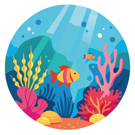 Bright underwater world with colorful corals and tropical fish illuminated by sun rays. Travel and sea tours advertising concept.. AI generated. Vector iconのイラスト素材