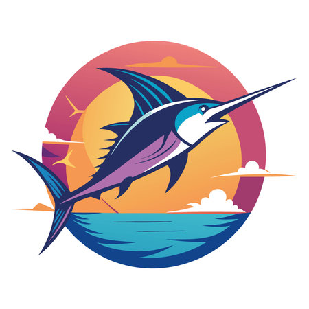 A striking marlin soars above the sea. dazzling with sunlight while a fishing boat moves through sparkling waves during a vibrant sunset. AI generated. Vector iconのイラスト素材