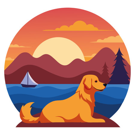 Golden Retriever relaxes by the campsite as the sun sets. casting warm colors across the sky and reflecting on the water nearby. AI generated. Vector iconのイラスト素材
