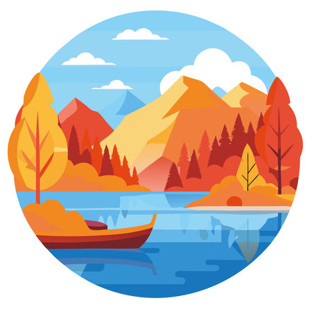 Autumnal lake scenery with a small boat. Crystal clear water reflects vibrant autumn foliage and mountains. Tranquil and peaceful.. AI generated. Vector iconのイラスト素材