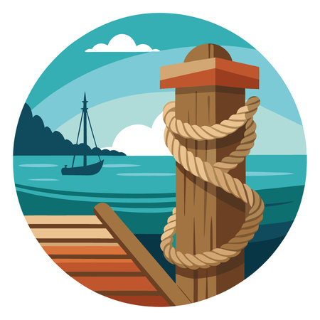 A close-up view of a weathered dock post wrapped in rope. with a fishing boat in the background. evoking coastal charm.. AI generated. Vector iconのイラスト素材