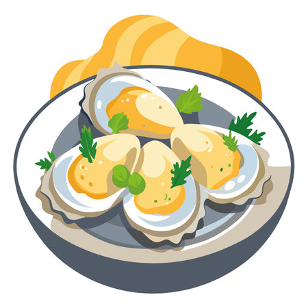 A plate of grilled oysters topped with garlic butter and parsley. sizzling hot and ready to be savored as a delectable seafood dish.. AI generated. Vector iconのイラスト素材